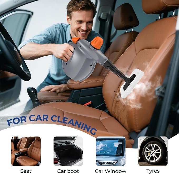 Steam Cleaner, Pressurized Handheld 13pcs Multi-Purpose Natural Deep Cleaning Steamer, Portable Steamer for Cleaning Home, Grout, Kitchen, Car, Window, Upholstery, Bathroom and Clothes, Orange&Gray