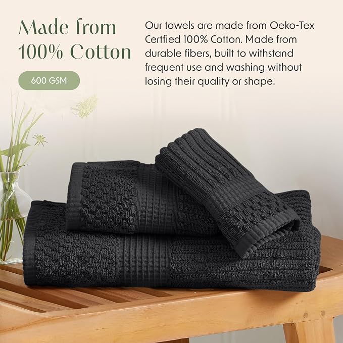 Springtree Home 100% Cotton Bath Towel Set | 6-Piece Set | Textured | Black | Absorbent & Quick-Dry Bathroom Towels | Textured and Durable Cotton Towels for Bathroom | OEKO-TEX | Krista Collection