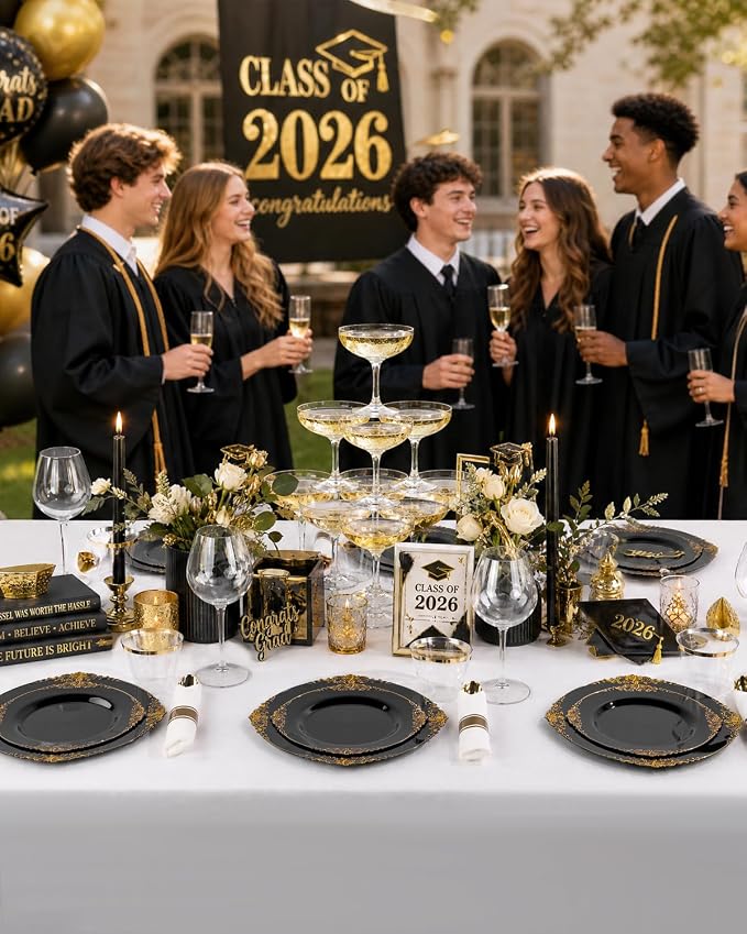 Nervure 350PCS Black Plastic Plates - Black Plastic Dinnerware Sets for 50 Guests - 100 Disposable Plates, 150 Gold Silverware, 50 Cups, 50 Napkins for Wedding & Party & Graduation & Retirement