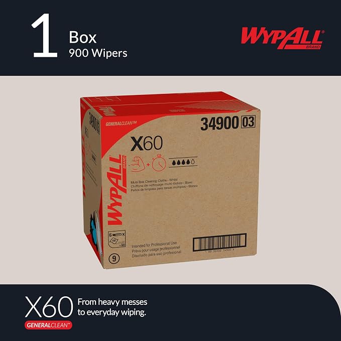 WypAll GeneralClean X60 Cloths Multi-Task Cleaning Wipes (34900), Strong and Absorbent Towels, White (6 Packs of 150 Sheets, 900 Sheet Total)