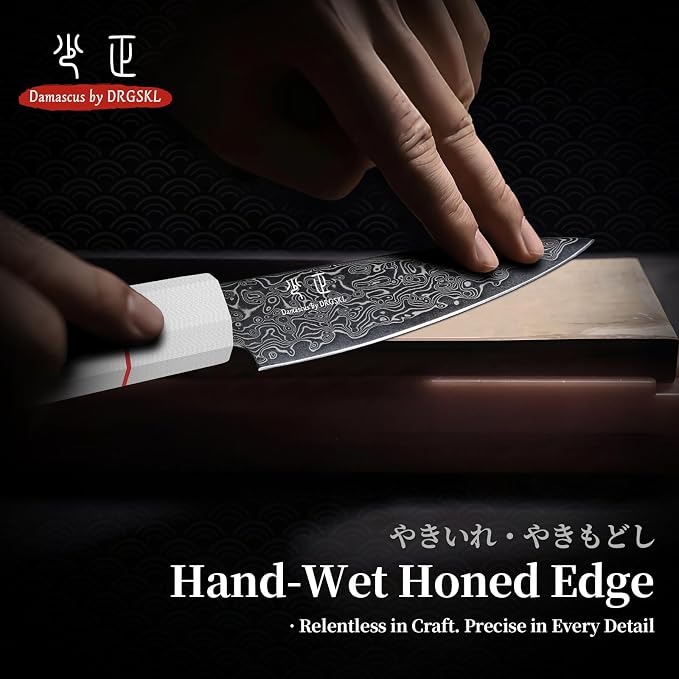 DRGSKL Damascus Fruit Knife 3.5 inch - VG10 Paring Knife with G10 Handle | Japanese VG10 Core, Black Anti-corrosion Coating, Damascus Blade, G10 Handle, Gift Box, Wet Edge Grinding Technology