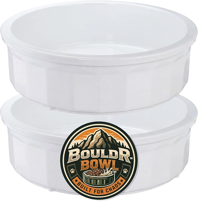 Pet Crock Bowl - 2 Pack – Thick Durable Plastic Non-Tip Food & Water Dish for Dogs, Cats - Indoor/Outdoor - Chew Resistant, Easy Clean BouldrBowl from Healthy Surplus® (White, 96oz Jumbo)