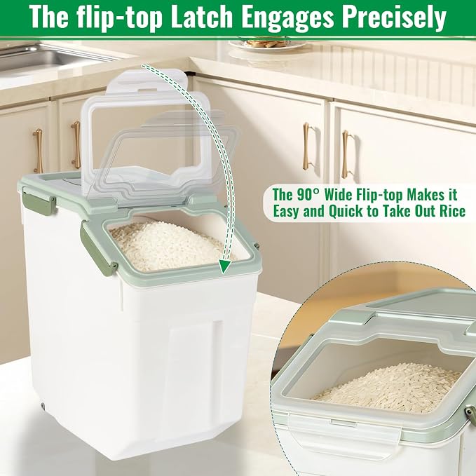 Rice Container 25 lbs Large Bulk Flour Sugar Storage Holdhouse Plastic Grain Cereal Dry Goods Bin with Spoon and Measuring Cup for Kitchen Pantry Organization - Green