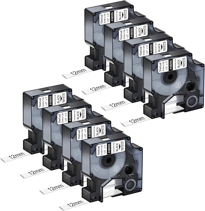 NineLeaf 8 Pack Compatible Labels Tape Replacement for Dymo 18055 1/2 inch Black on White Heat Shrink Tube Labels 12mm x 1.5m for Wires and Cables Use in Rhino 4200 5200 5000 6000 3M Label Maker