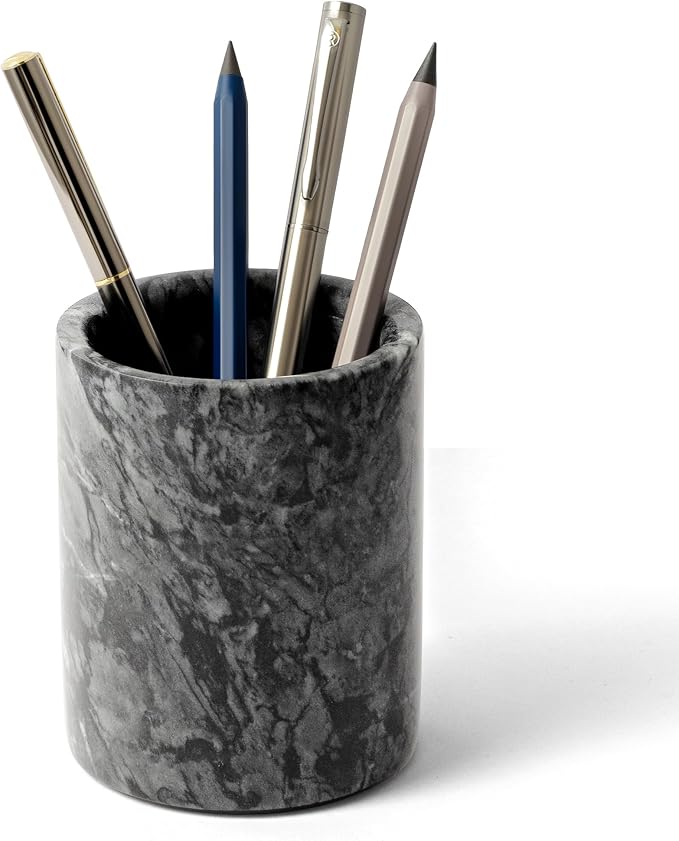 Pen Holder Stand Italy Natural Premium True Marble Makeup Brush Holders, Tableware Organizer Desk Pencil Cup for Home Office School Decor Dark Grey (DL012)