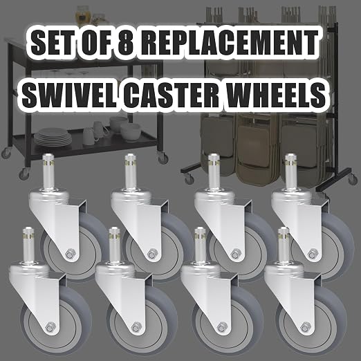RILIDRI 3-Inch Swivel Stem Caster, 7/16-Inch Stem Diameter Rubber Wheel, Heavy Duty TPR Replacement Wheels for Rubbermaid Mop Bucket Cart Grill Casters - 8 Pack
