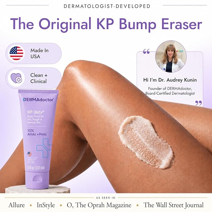 DERMAdoctor KP Bump Eraser Body Scrub with 10% AHAs + PHAs for Keratosis Pilaris, Dry, Rough, and Bumpy Skin, Dermatologist Formulated Exfoliating Body Scrub with Glycolic and Lactic acids - 8 Fl oz