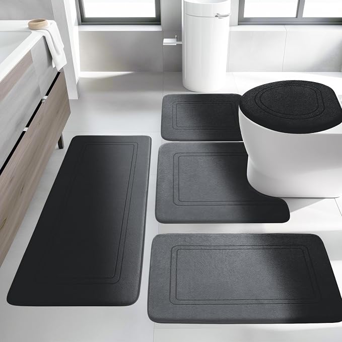 YIHOUSE Black Memory Foam Bath Mat Set, 5-Piece Non-Slip Absorbent Bath Rugs for Bathroom Floor, Quick-Dry Washable