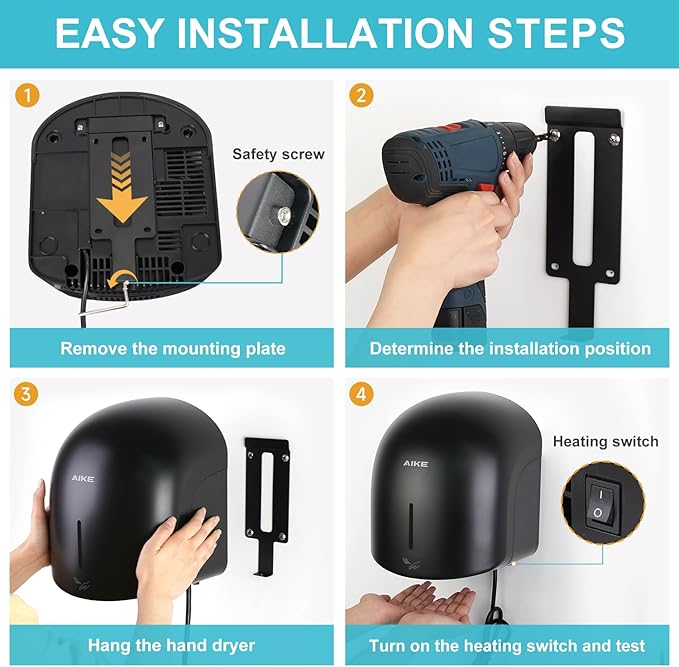 AIKE GentleAir Warm Hand Dryer,Low Noise Perfect for Home Bathrooms,Black Cover AC110V-130V,Model AK2637