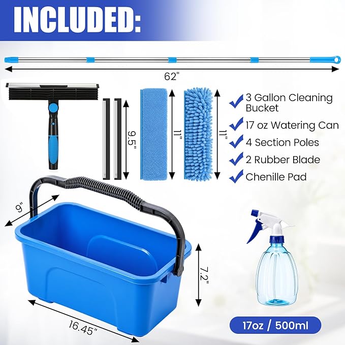 Window Cleaning Kit with Bucket 71" Long Handle 4-in-1 Rotatable Window Squeegee and Microfiber Scrubber Pads High Windows Washing Tool for Commercial Home Outdoor Car