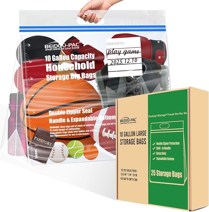 BEIDOU-PAC 10 Gallon Large Storage Bags with Handle, 25 Counts | Double Zipper Seal | Expandable Bottom, Resealable Clear zip Bags