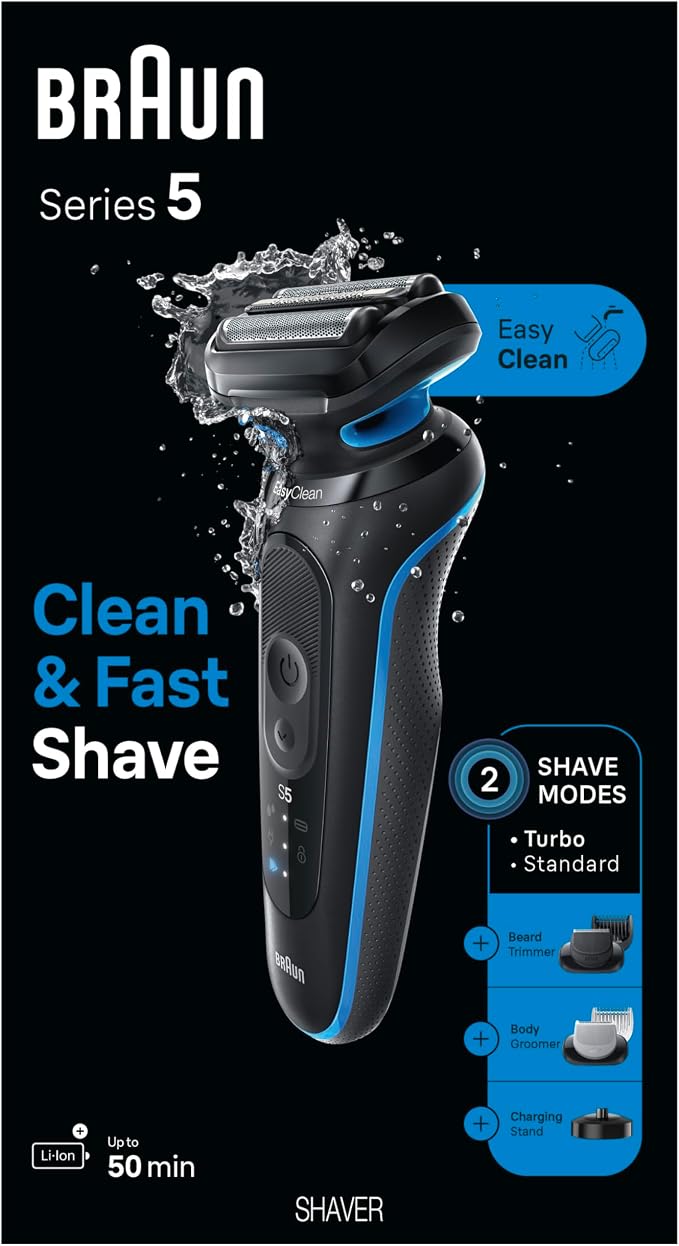 Braun Electric Shaver for Men, Series 5 5150cs, Wet & Dry Razor, Turbo Shaving Mode, Foil Shaver, with Beard Trimmer, Body Groomer and Charging Stand, Blue