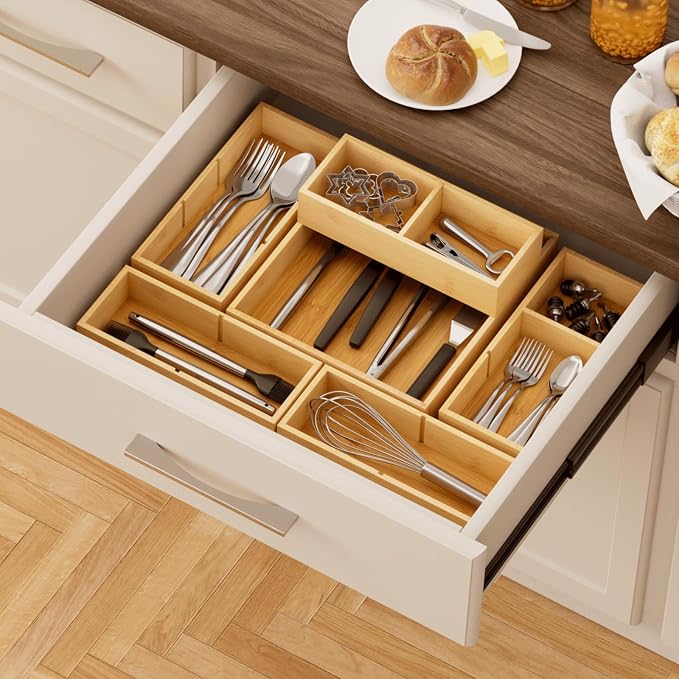 Lifewit Drawer Organizers 10 Pack(22 Grid) with 12 Inserts, Adjustable Bamboo Wooden Drawer Dividers, Stackable Storage Box for Utensils, Silverware, Makeup, Junk in Kitchen/Bathroom/Office/Vanity