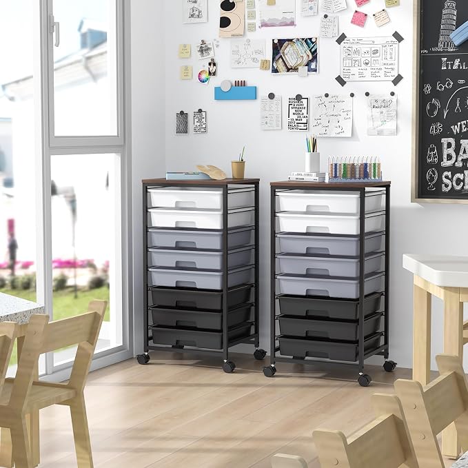 SYKIARIOL Rolling Cart with Drawers,Utility Cart With 8 Drawers and Wooden Tabletop for Living Room,Classroom,Bedroom,Bathroom,Dorm,Office,Dark Grey