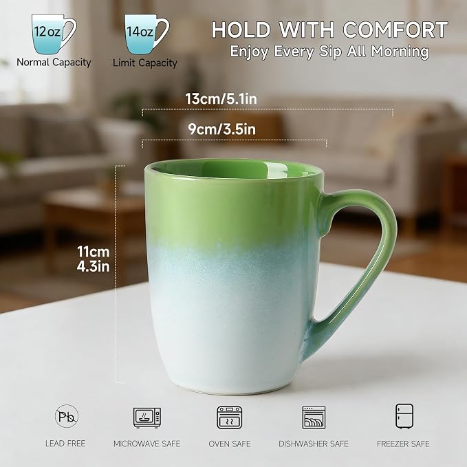 MONITO 17oz Ceramic Coffee Mugs Set of 6, Green Gradient Mugs with Handle | Mugs with Gold Rim for Latte,Tea&Cocoa,Dishwasher&Microwave Safe,Reactive Glaze Cups,Ideal Gift for Office and Home Use