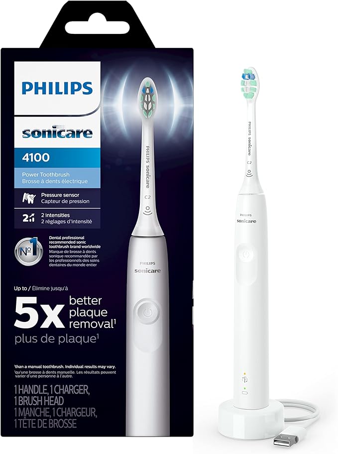 Philips Sonicare 4100 Electric Rechargeable Power Toothbrush, White, with Genuine Philips Sonicare Optimal Plaque Control Replacement Toothbrush Heads, White, 3 Pack