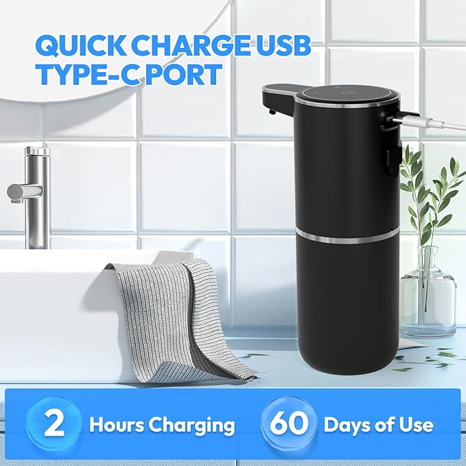 2 Pack Automatic Foaming Soap Dispenser,Touchless Foam Soap Dispenser,12.8oz Rechargeable Wall Mounted Smart for Bathroom and Kitchen Dish Soap,Easy for Toddlers(Black)