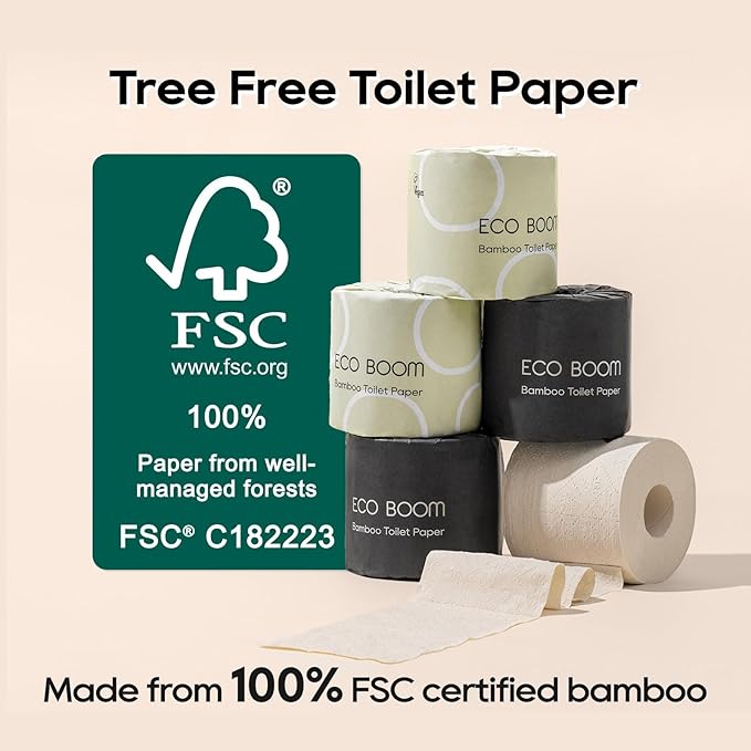 ECO BOOM Unbleached Bamboo Toilet Paper, 48 Mega Rolls, 100% Tree-Free 3-Ply, Plastic-Free Packaging, 360 Sheets | PFAS Free, BPA Free, Septic Safe & FSC Certified