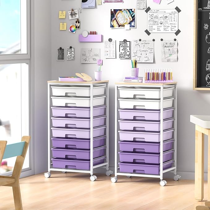 SYKIARIOL Rolling Cart with Drawers,Utility Cart With 8 Drawers and Wooden Tabletop for Living Room,Classroom,Bedroom,Bathroom,Dorm,Office,Purple