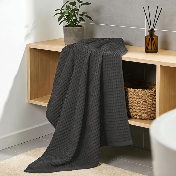 Jacquotha Waffle Bath Towels 2-Piece (Dark Grey) - Cotton, Soft, Quick Dry | 31” x 62” Large Bath Towel for Bathroom, Shower, Spa