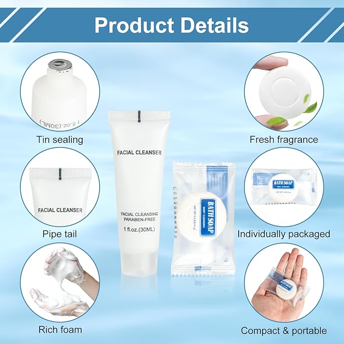 Travel Toothbrush Kit Bulk Hygiene Kit Bulk Individually Packed with Mouthwash,Toothpaste,Comb,Zip Bag,Facial Cleanser,Soap and Floss Picks for Hotel Camping Homeless (50)