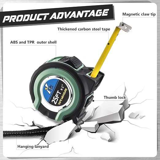 Youyole 10 Pack Tape Measure with Fractions 1/8 Steel Measuring Tape Retractable Easy Read Measurement Ruler Steel Power Blade (25 ft X 1 in,Green)