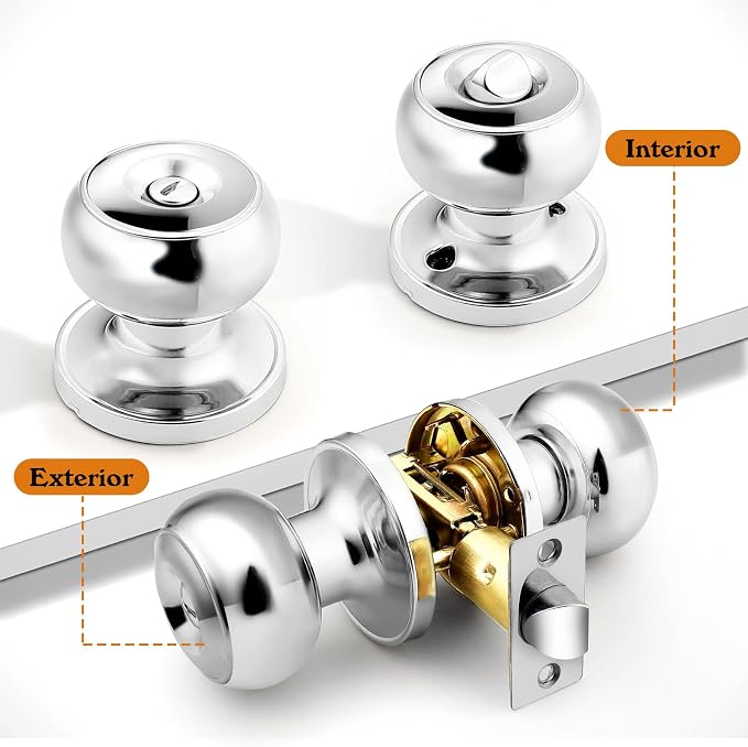Probrico Polished Chrome Privacy Door Knob, Interior Door Lock for Bathroom Bedroom, Keyless Round Ball Knob Handle, Thumb-Turn Locking, 1 Pack