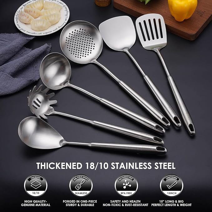 6 PCS All Metal Cooking Utensils Set - 18/10 Stainless Steel Kitchen Tools | Professional Cooking Spoons Set, 15" Spatula, Ladle, Skimmer Spoon, Pasta Serve, Large Spoon, Slotted Spatula Turner