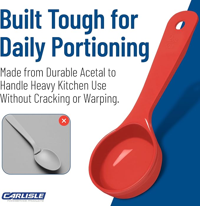 Carlisle FoodService Products 7.10 " 2 Ounce Solid Measuring Spoon – Flat Bottom – Portion Control Spoon – Short Handle Spoon, Red, (Pack of 12)