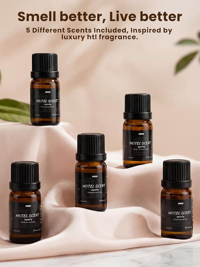 Waterless Diffuser with 5 Hotel-inspried Scent Oil Set - Cold Air Diffuser Up to 2000 Sq.ft for Large Home Office Hotels and Spas, Remote & Panel Control, 4 Timer 3 Scent Intensity Models, 3.4 fl oz