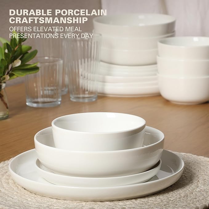 Gibson Home Oslo Dinnerware Set for 4, 16-Piece White Porcelain Plates and Bowls — Ceramic Dish Set | Microwave & Dishwasher Safe