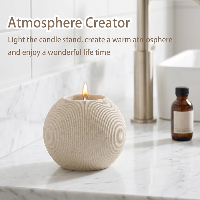Bathroom Accessories Set, 5 PCS Modern Bath Organizer, Beige | Sandstone Look, Stripe,13.53 OZ Soap Dispenser,Toothbrush Holder,Tumbler,Soap Dish,Candle Holder for Countertop Kitchen Sink