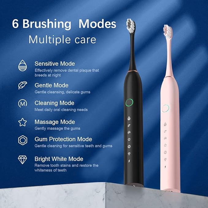 2 Pack Rechargeable Electric Toothbrushes for Adults and Kids, Whitening Tooth Brush with 8 Brush Heads, 6 Cleaning Modes and Smart Timer, Waterproof Cleaning Toothbrushes Set