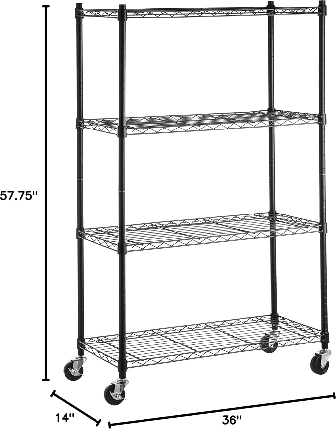 Amazon Basics 4-Shelf Heavy Duty Garage Shelving Storage Unit on 3" Wheel Casters, Adjustable Metal Wire Rack with Leveling Feet, 36" x 14" x 57.75", Black