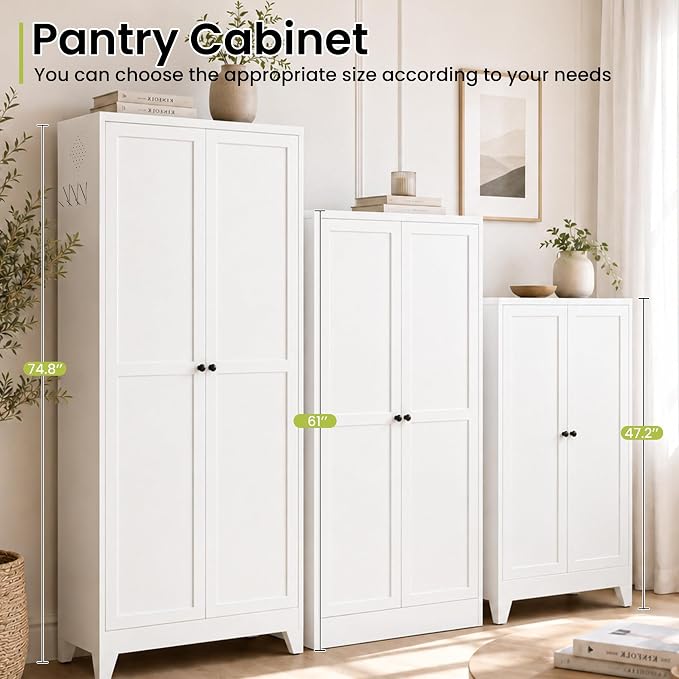 AQY Metal Pantry Cabinet, 75" White Kitchen Storage Cabinet with Doors | 5 Adjustable Shelves Ventilated Metal Cabinet Hanging Hooks Freestanding Kitchen Storage