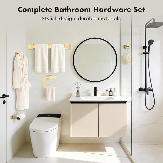 Bathroom Accessory Towel Bar Set: 15 Pieces Gold Square Bathroom Hardware SUS304 Stainless Steel - 24 Inch Wall Mounted Towel Rack&Toilet Paper Holder&Towel Ring and Towel Hook