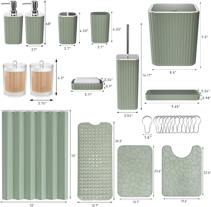 XLHOMO 26PC Bathroom Accessories Set - Gorgeous Bathroom Set, Sage Green Bathroom Accessory Set, Shower Curtain Set with Bathtub Mats for Shower Tub, Trash Can & Soap Dispenser