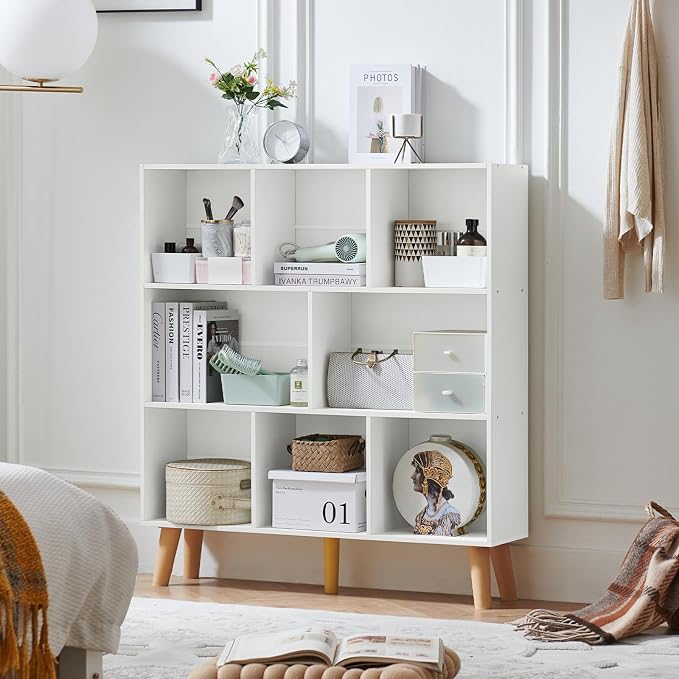 LEYAOYAO 8 Cube Bookshelf, Mid-Century Modern Book Shelf with Legs, White | 3 Tier Bookcase, Rustic Wood Bookshelves Freestanding Large Storage Organizer, Open Shelves for Bedroom, Living Room, Office