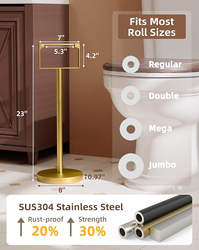 RUACQ Toilet Paper Holder Stand, Magnetic Closure Toilet Paper Stand with Lift-Up Rotating Arm, SUS304 Stainless Steel Bathroom Toilet Paper Holder Free Standing, Weighted Base (Brushed Gold)