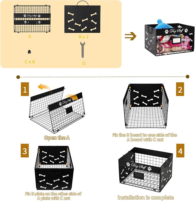 Bfttlity Dog Toy Bin Metal Basket Box for Storage Dogs Toys, Black | Dog Toy Basket with Handles for Living Room Storage Dogs Chew Pets Toys, Blankets, Clothes, Food