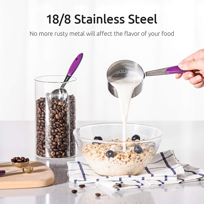 U-Taste 18/8 Stainless Steel Measuring Cups and Spoons Set and 600ºF High Heat-Resistant Kitchen Tong Set (Purple)