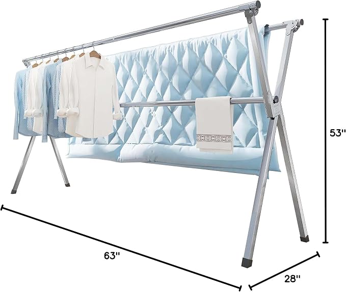 Vikaqi Clothes Drying Rack 63 Inches Folding Indoor Outdoor, Drying Rack Clothing Collapsible, Foldable Portable Laundry Drying Rack, Heavy Duty Laundry Hanger Dryer Rack, with 20 Hooks 12 Clips