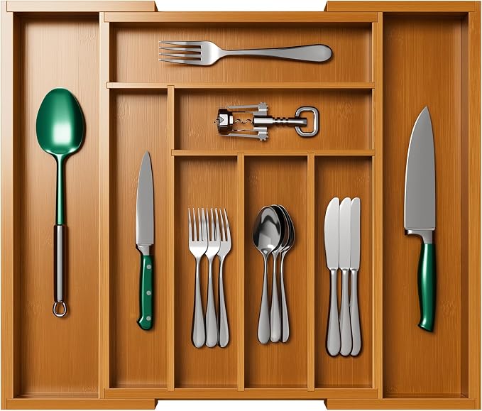 Pipishell Bamboo Expandable Drawer Organizer for Utensils Holder, Adjustable Silverware Organizer Cutlery Tray, Drawer Dividers for Utensils, Flatware, Knives in Kitchen, Bedroom, Living Room Brown