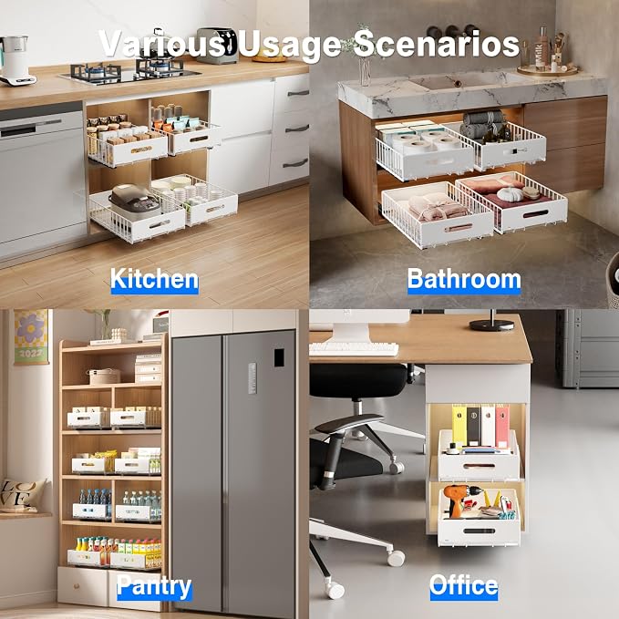 MUSTORN 2 Pack Pull Out Cabinet Organizer, Slide Out Cabinet Drawers Peel and Stick Pull Out Drawers Heavy Duty Pull Out Shelf for Kitchen, Cupboard, Pantry, Bathroom (16.5" D*11.8" W*3.94" H-White)