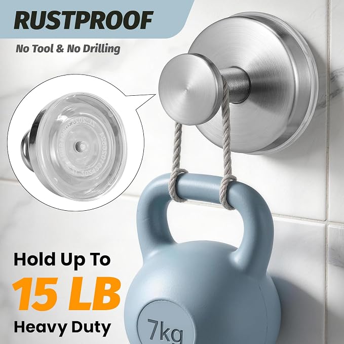 Large 15lb Suction Cup Hooks for Shower, No-Drill Bathroom Towel Hooks for Robes, Loofah, Removable Mountable on Glass, Tile, Mirrors, Smooth Non-Porous Surfaces(4, Brushed Nickel)
