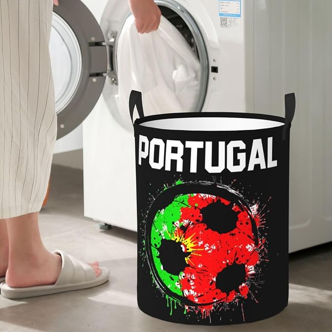 Portugal Soccer Portuguese Football Flag Laundry Hamper Laundry Basket Circular Hamper Dirty Clothes Storage with Handles