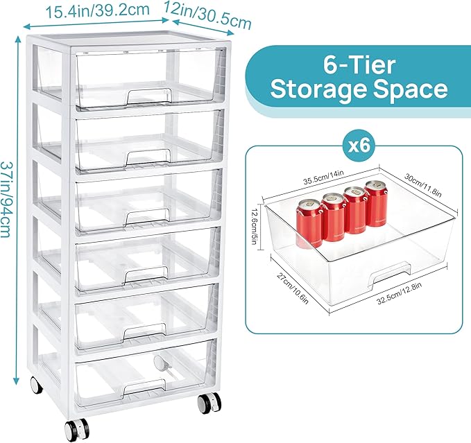 Vtopmart 6-Tier Rolling Cart with Deep Drawers, Clear Plastic Storage Organizer for Art & Craft Supplies, Toy, Office, Classroom, Bedroom, Bathroom