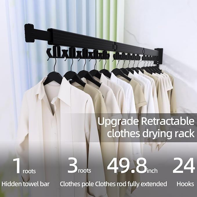 Kelisiting Clothes Drying Rack, Wall Mounted Laundry Drying Rack, Upgrade 3-Fold Foldable Collapsible Retractable Clothing Drying Rack with 12 Dual Hooks Organization for Laundry Room Indoor- Black