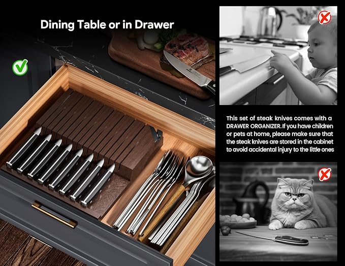 Steak Knives Set of 8 with Drawer Organizer Built-in Sharpener, 4.6 Inch Non Serrated Dinner Knife, Forged German Steel Damascus Pattern Straight Edge Meat Knife with Full Tang Handle, Black | 4.6 Inch Non Serrated Dinner Knife, Forged German Steel Dam...