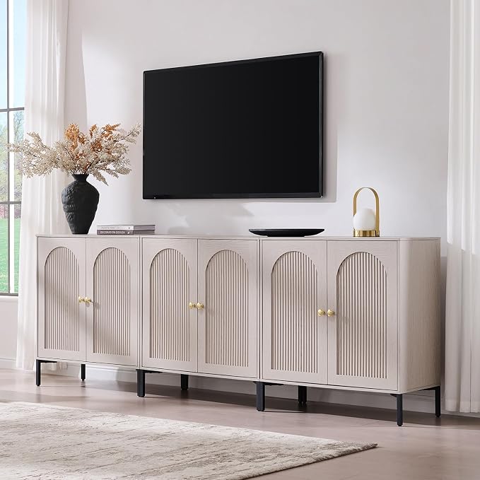 IFGET 92.63"W Modern Arch Sideboard Buffet Cabinet with Storage, Light Grey | Fluted Arched Sideboard Cabinet w/Adjustable Shelves, Wood Modular Kitchen Cabinet for Dining& Living Room, Kitchen, Entryway